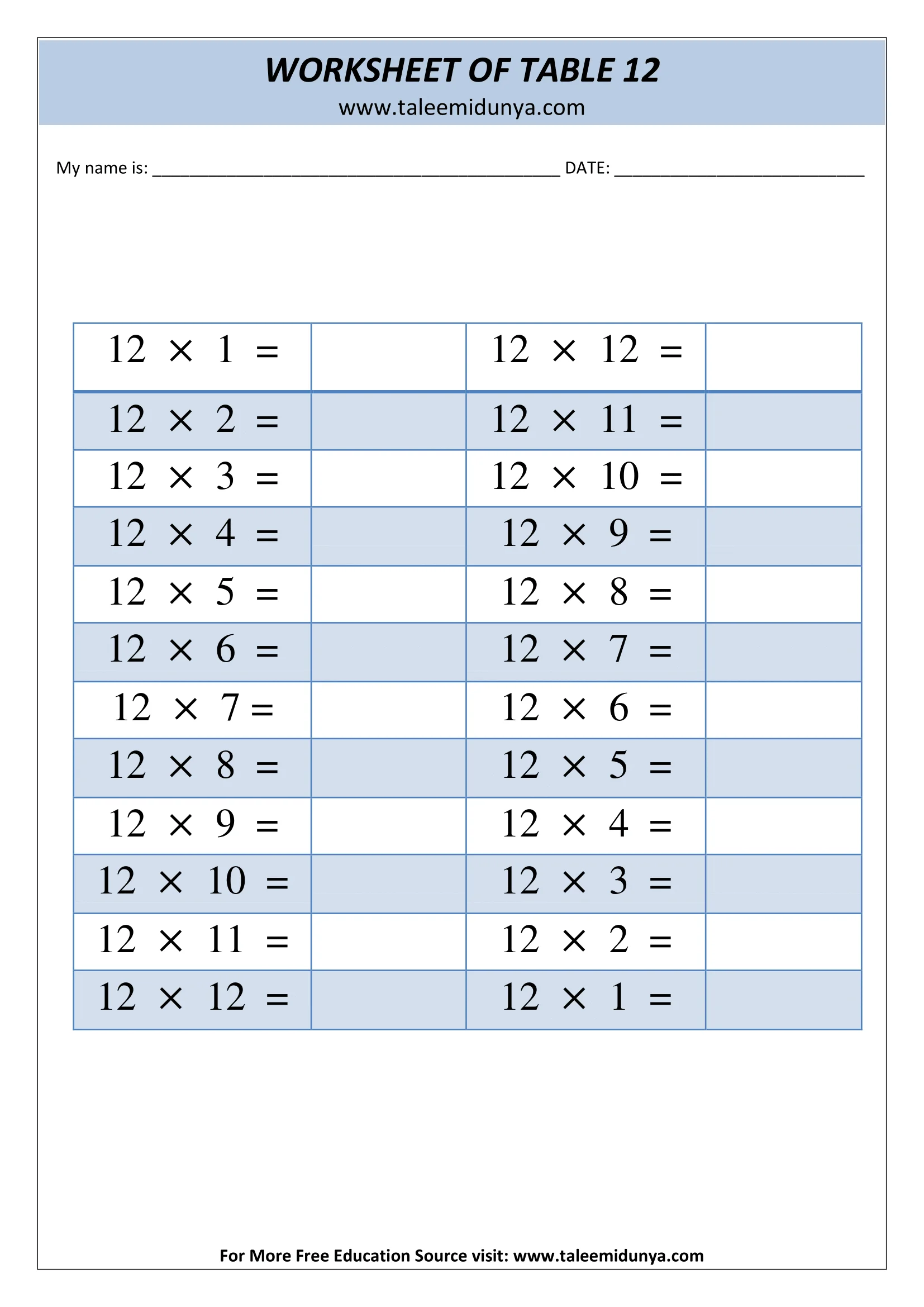 table of  12